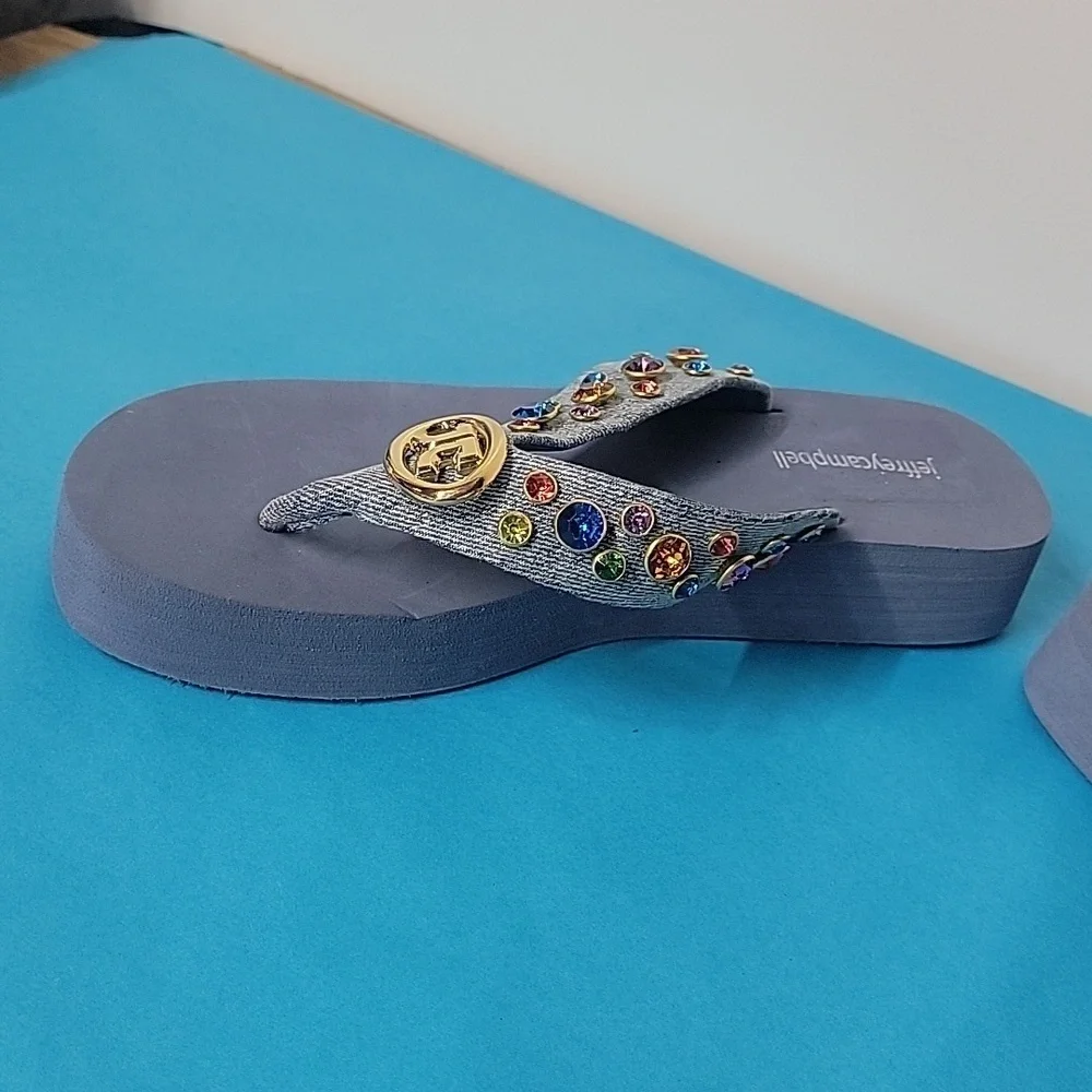 Jeffrey Campbell ICONICS Flip Flop In Blue Denim Multi Color Gemstones Size 9 - Picture 6 of 10